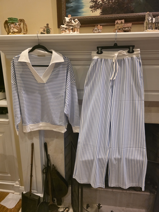Zenana Outfitters Pants - Zenana Outfitters Blue & White Striped Wide Leg Pants Set